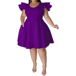 imageIyMoo Womens Plus Size Cape Flutter Sleeve Stretchy A Line Swing Flared Skater Cocktail Party Dress with PocketsPurple