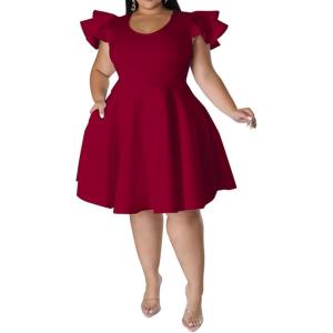 imageIyMoo Womens Plus Size Cape Flutter Sleeve Stretchy A Line Swing Flared Skater Cocktail Party Dress with PocketsWine Red