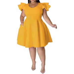 imageIyMoo Womens Plus Size Cape Flutter Sleeve Stretchy A Line Swing Flared Skater Cocktail Party Dress with PocketsYellow