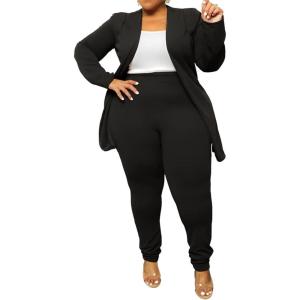 imageIyMoo Womens Plus Size Two Piece Open Front Long Sleeve Blazer and Elastic Waist Solid Pant Set SuitBlack