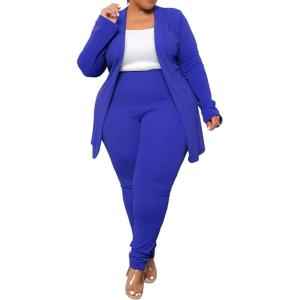 imageIyMoo Womens Plus Size Two Piece Open Front Long Sleeve Blazer and Elastic Waist Solid Pant Set SuitBlue