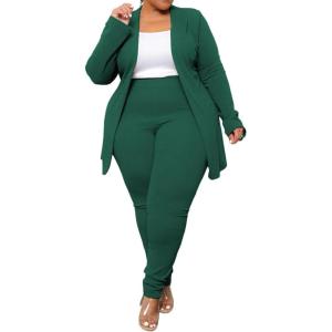 imageIyMoo Womens Plus Size Two Piece Open Front Long Sleeve Blazer and Elastic Waist Solid Pant Set SuitGreen