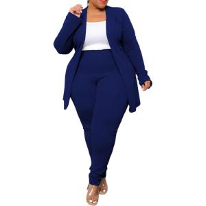 imageIyMoo Womens Plus Size Two Piece Open Front Long Sleeve Blazer and Elastic Waist Solid Pant Set SuitNavy