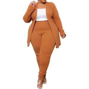 imageIyMoo Womens Plus Size Two Piece Open Front Long Sleeve Blazer and Elastic Waist Solid Pant Set SuitOrange