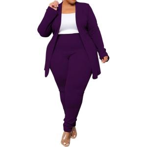imageIyMoo Womens Plus Size Two Piece Open Front Long Sleeve Blazer and Elastic Waist Solid Pant Set SuitPurple