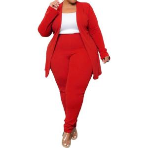 imageIyMoo Womens Plus Size Two Piece Open Front Long Sleeve Blazer and Elastic Waist Solid Pant Set SuitRed