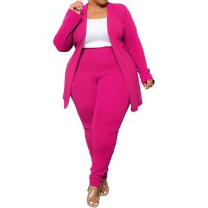 imageIyMoo Womens Plus Size Two Piece Open Front Long Sleeve Blazer and Elastic Waist Solid Pant Set SuitRose Red