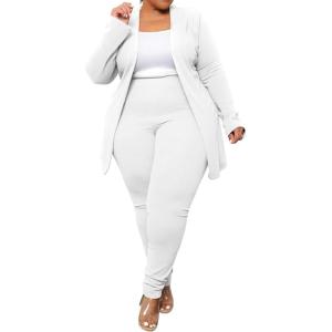 imageIyMoo Womens Plus Size Two Piece Open Front Long Sleeve Blazer and Elastic Waist Solid Pant Set SuitWhite