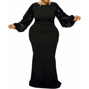 imageIyMoo Womens Sequin Long SleevePlus Size Bodycon Long Evening Party Maxi Dress Black 2XL