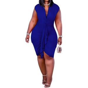 imageIyMoo Womens Sexy Plus Size Bodycon Sleeveless Drawstring Ruched Mini Club DressesBlue