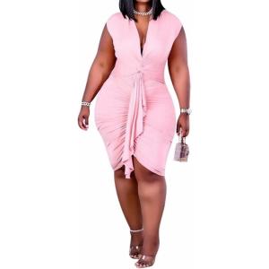 imageIyMoo Womens Sexy Plus Size Bodycon Sleeveless Drawstring Ruched Mini Club DressesPink