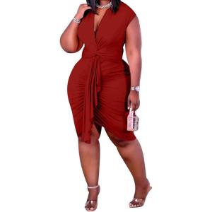 imageIyMoo Womens Sexy Plus Size Bodycon Sleeveless Drawstring Ruched Mini Club DressesRed