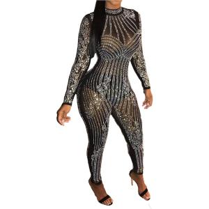 imageIyMoo Womens Sexy See Through Rhinestones Mesh Patchwork Dressy Jumpsuits Rhinestone One Piece Clubwear 034 Black XL