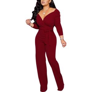 imageIyMoo Womens Sexy Wrap Top Wide Leg Long Sleeve V Neck Sleeveless Cocktail Jumpsuit 3Wine Red Large