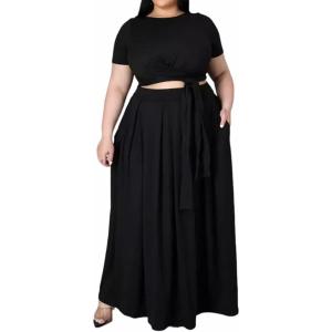imageWomens Plus Size 2 Piece Dress Outfits Short Sleeve Bandage Wrap Empire Crop Tops and Skirt SetsBlack