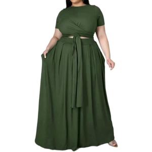 imageWomens Plus Size 2 Piece Dress Outfits Short Sleeve Bandage Wrap Empire Crop Tops and Skirt SetsGreen