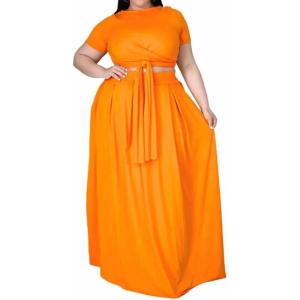 imageWomens Plus Size 2 Piece Dress Outfits Short Sleeve Bandage Wrap Empire Crop Tops and Skirt SetsOrange