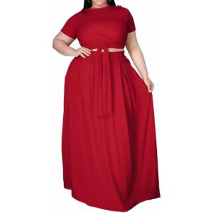 imageWomens Plus Size 2 Piece Dress Outfits Short Sleeve Bandage Wrap Empire Crop Tops and Skirt SetsRed
