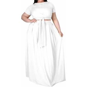 imageWomens Plus Size 2 Piece Dress Outfits Short Sleeve Bandage Wrap Empire Crop Tops and Skirt SetsWhite
