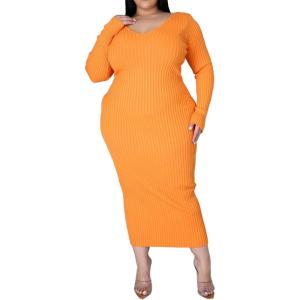 imageWomens Plus Size Sexy Stretchable Long Sleeve Maxi Sweater Off Shoulder Knit Slim Fit Dress588 Orange