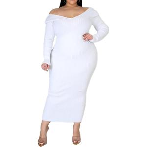 imageWomens Plus Size Sexy Stretchable Long Sleeve Maxi Sweater Off Shoulder Knit Slim Fit Dress588 White
