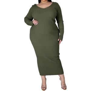 imageWomens Plus Size Sexy Stretchable Long Sleeve Maxi Sweater Off Shoulder Knit Slim Fit DressArmy Green
