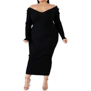 imageWomens Plus Size Sexy Stretchable Long Sleeve Maxi Sweater Off Shoulder Knit Slim Fit DressBlack