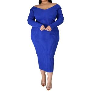imageWomens Plus Size Sexy Stretchable Long Sleeve Maxi Sweater Off Shoulder Knit Slim Fit DressBlue