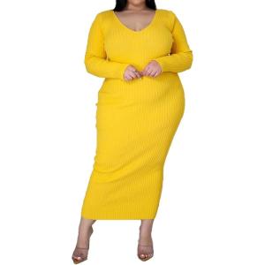 imageWomens Plus Size Sexy Stretchable Long Sleeve Maxi Sweater Off Shoulder Knit Slim Fit DressBright Yellow