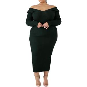 imageWomens Plus Size Sexy Stretchable Long Sleeve Maxi Sweater Off Shoulder Knit Slim Fit DressGreen