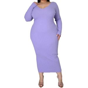 imageWomens Plus Size Sexy Stretchable Long Sleeve Maxi Sweater Off Shoulder Knit Slim Fit DressLight Purple