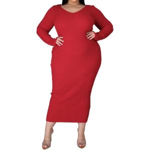 imageWomens Plus Size Sexy Stretchable Long Sleeve Maxi Sweater Off Shoulder Knit Slim Fit DressRed