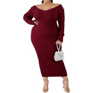 imageWomens Plus Size Sexy Stretchable Long Sleeve Maxi Sweater Off Shoulder Knit Slim Fit DressWine Red