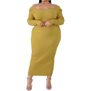 imageWomens Plus Size Sexy Stretchable Long Sleeve Maxi Sweater Off Shoulder Knit Slim Fit DressYellowish Brown