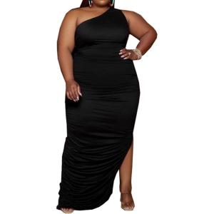 imageWomens Sexy Plus Size One Off Shoulder Sleeveless Bodycon Ruched Evening Pencil Party Maxi DresssBlack