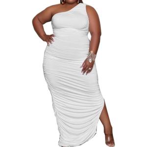 imageWomens Sexy Plus Size One Off Shoulder Sleeveless Bodycon Ruched Evening Pencil Party Maxi DresssWhite