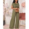 imageCasual 2 Piece Outfit for Women  Short Sleeve Crop Top  Wide Leg Palazzo Pants Set Jumpsuits Rompers Green M