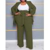 imageIyMoo Plus Size Suits for Women Business Open Front Long Sleeve Blazer Elastic Waist Solid Straight Leg Pant Set SuitsArmy Green