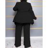 imageIyMoo Plus Size Suits for Women Business Open Front Long Sleeve Blazer Elastic Waist Solid Straight Leg Pant Set SuitsBlack