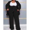 imageIyMoo Plus Size Suits for Women Business Open Front Long Sleeve Blazer Elastic Waist Solid Straight Leg Pant Set SuitsBlack