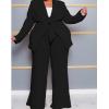 imageIyMoo Plus Size Suits for Women Business Open Front Long Sleeve Blazer Elastic Waist Solid Straight Leg Pant Set SuitsBlack