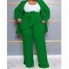 imageIyMoo Plus Size Suits for Women Business Open Front Long Sleeve Blazer Elastic Waist Solid Straight Leg Pant Set SuitsGreen