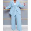 imageIyMoo Plus Size Suits for Women Business Open Front Long Sleeve Blazer Elastic Waist Solid Straight Leg Pant Set SuitsLight Blue