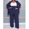 imageIyMoo Plus Size Suits for Women Business Open Front Long Sleeve Blazer Elastic Waist Solid Straight Leg Pant Set SuitsNavy Blue