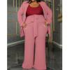 imageIyMoo Plus Size Suits for Women Business Open Front Long Sleeve Blazer Elastic Waist Solid Straight Leg Pant Set SuitsPink