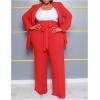 imageIyMoo Plus Size Suits for Women Business Open Front Long Sleeve Blazer Elastic Waist Solid Straight Leg Pant Set SuitsRed