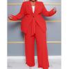 imageIyMoo Plus Size Suits for Women Business Open Front Long Sleeve Blazer Elastic Waist Solid Straight Leg Pant Set SuitsRed