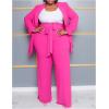 imageIyMoo Plus Size Suits for Women Business Open Front Long Sleeve Blazer Elastic Waist Solid Straight Leg Pant Set SuitsRose Red
