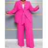 imageIyMoo Plus Size Suits for Women Business Open Front Long Sleeve Blazer Elastic Waist Solid Straight Leg Pant Set SuitsRose Red