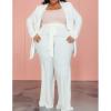 imageIyMoo Plus Size Suits for Women Business Open Front Long Sleeve Blazer Elastic Waist Solid Straight Leg Pant Set SuitsWhite